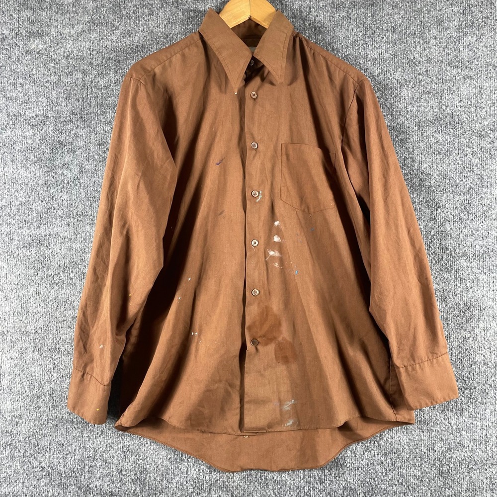 Vintage Montgomery Ward Shirt Mens 16 33 L Brown Paint Splatter No Iron Work 70s